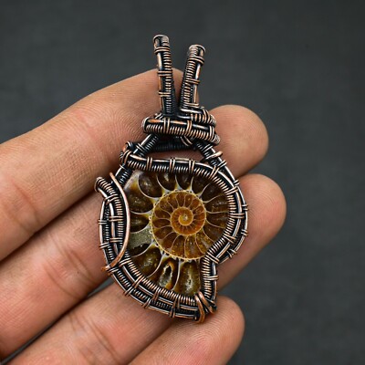 Ammonite Fossil Gemstone Copper Wire Wrapped Handmade Pendant Jewelry Gift For