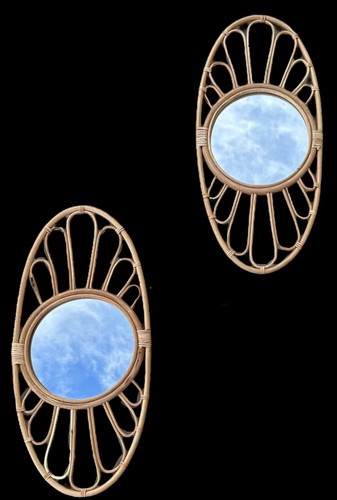 Vintage Rattan Handwoven Oval Accent Wall Mirrors & 3 Tiered Shelf Set - Picture 9 of 23
