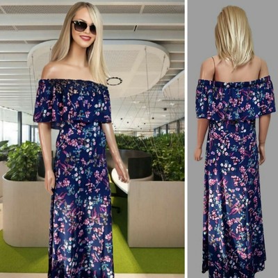 IZABEL LONDON KLEID UK14 MARINE MIX BLUMENDRUCK MAXI SCHULTERFREI GERAFFT #1