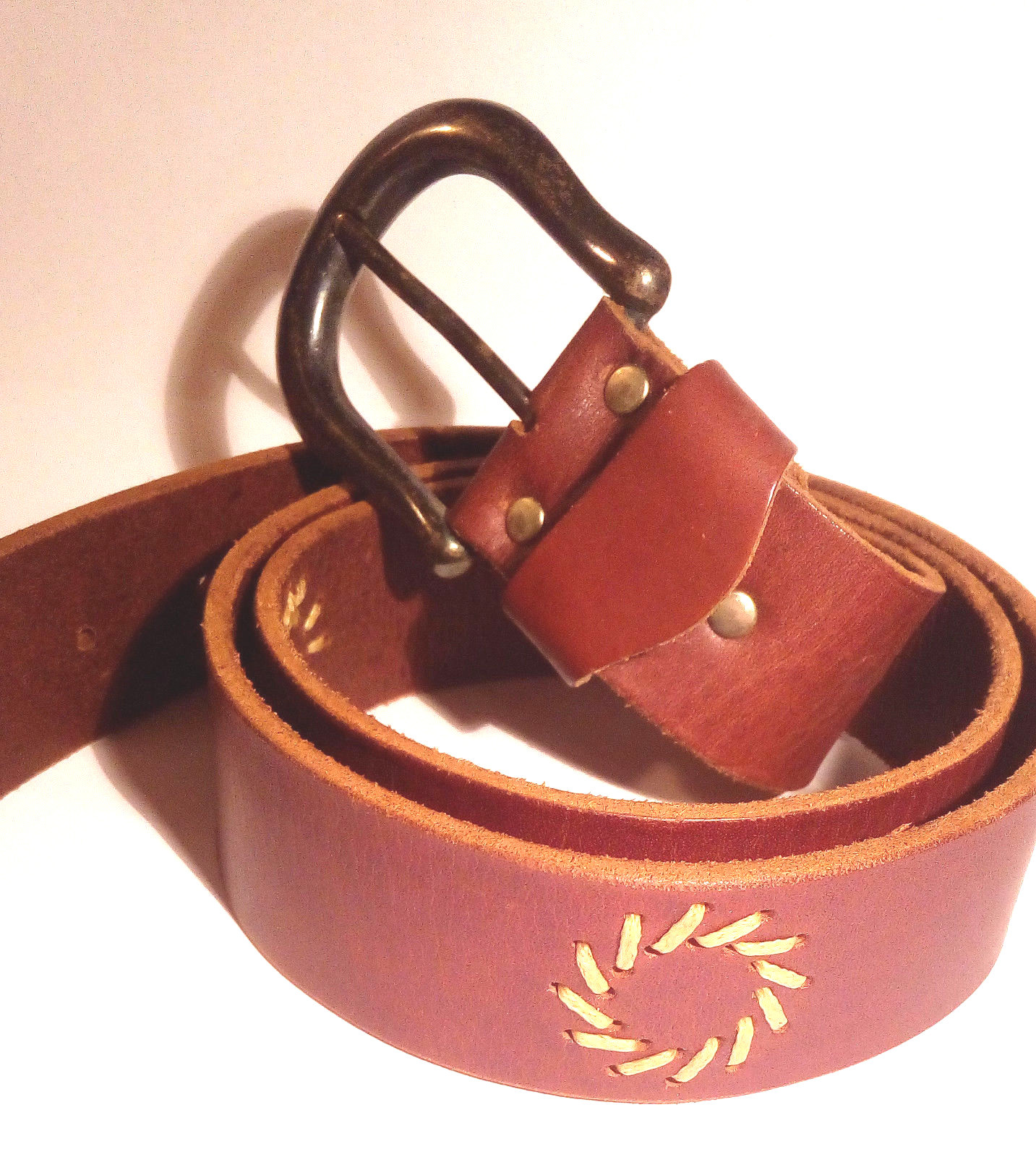 Vintage 90s Brown Leather Belt with Embroidered Motifs and Silver Buckle-image