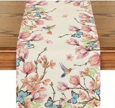 New 13x72 Spring Summer Pink Floral Table Runner W/ Hummingbirds Butterflies