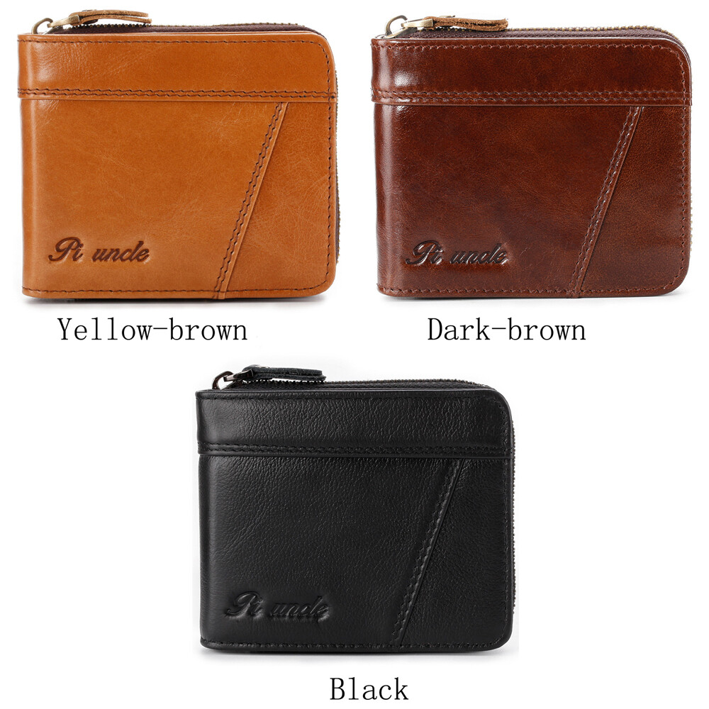 Men's 100 Cowhide Leather Zipper Wallet RFID Blocking Card Holder Coin