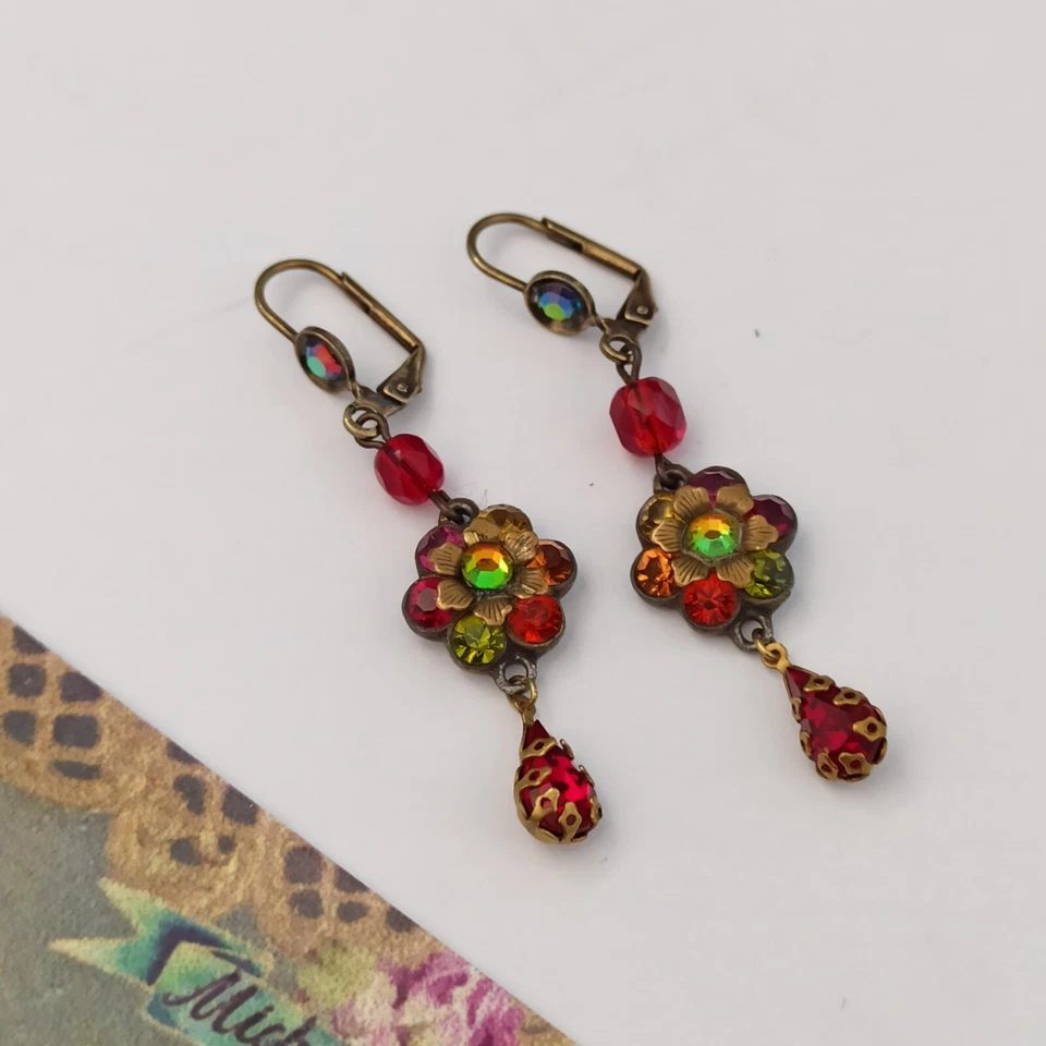 Pendientes Michal Negrin Tonos Rojos Flor Sandía Cristales Pasarela De Colección Largos Foto 4 de 4