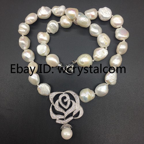 White Baroque Fresh Water Pearl 11-13mm Pave Rhinestone Rose Pendant Necklace - Picture 2 of 6