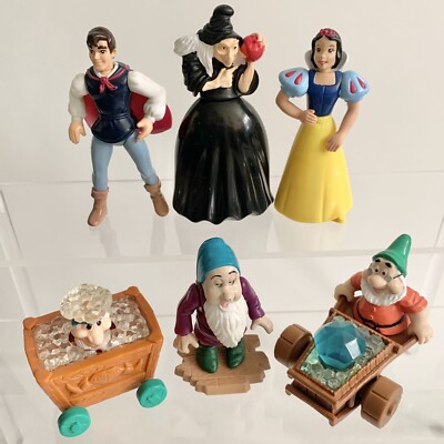 Lot 6 Vtg 90s Snow White Dwarves Figures Flip Witch Prince Mine Cart Sleepy Doc
