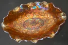 Antique Northwood Carnival Glass Ruffle Pickle Dish Poppy Iridescent Marigold
