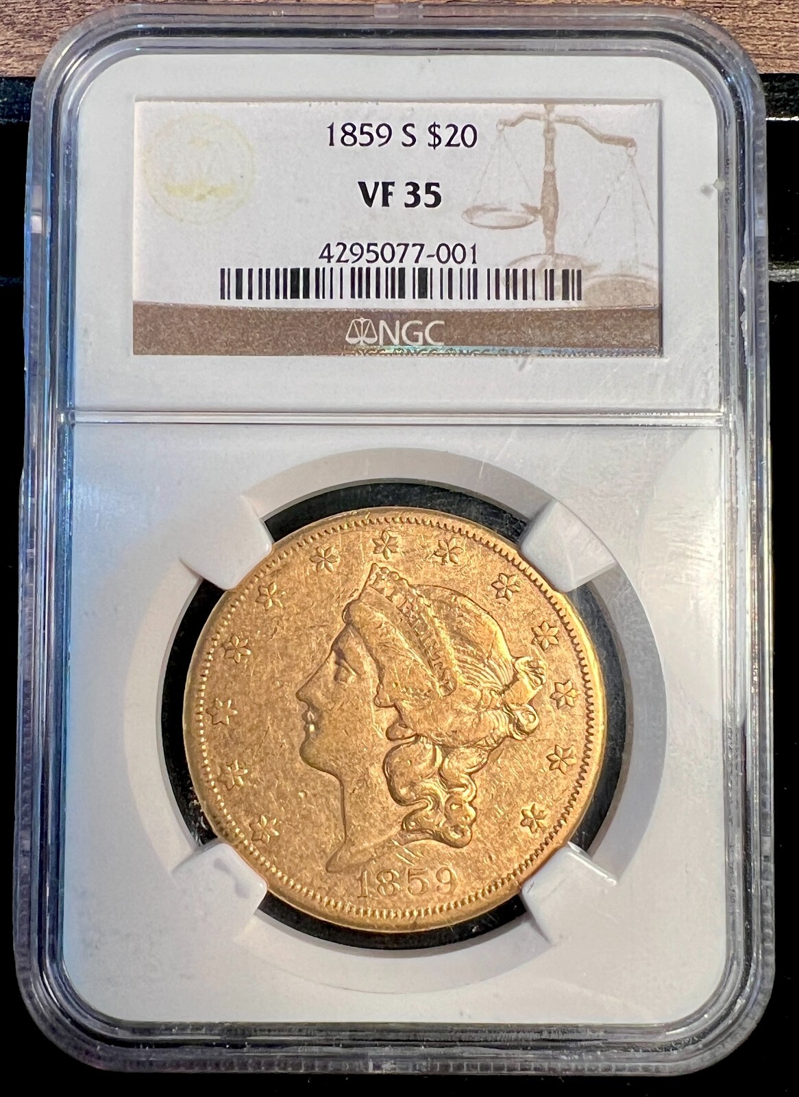 1859S 20 Liberty Head Double Eagle NGC VF35, San Francisco Gold Rush