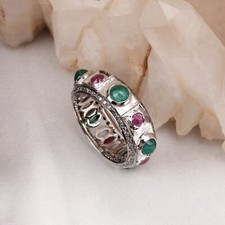 925 Argent Sterling Naturel Diamants Et Émeraude Rubis Anneau de Mariage Tout