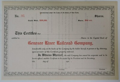 Aktienzertifikat Genesee River Railroad Company um 1900