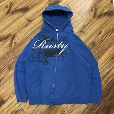 Vintage Rusty Hoodie Men s L Blue Full Zip Graphic Surf Skate Streetwear Y2K