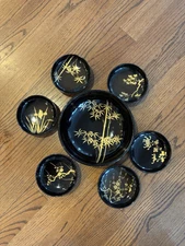 Japanese Black Lacquer Serving Bowl And 6 Individual Bowls