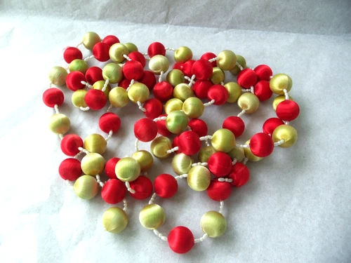 Vtg Satin Spun Silk Thread Pearl Beads Christmas Garland!  RED & GOLD!  8 FT