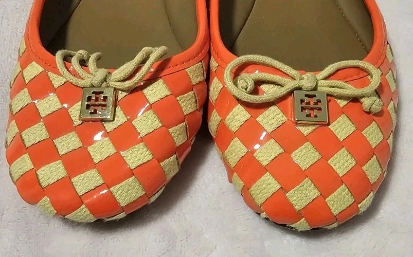 Женские туфли на плоской подошве Tory Burch оранжевые бежевые тканые клетчатые без застежек кожа размер 7 М - Изображение 4 из 4