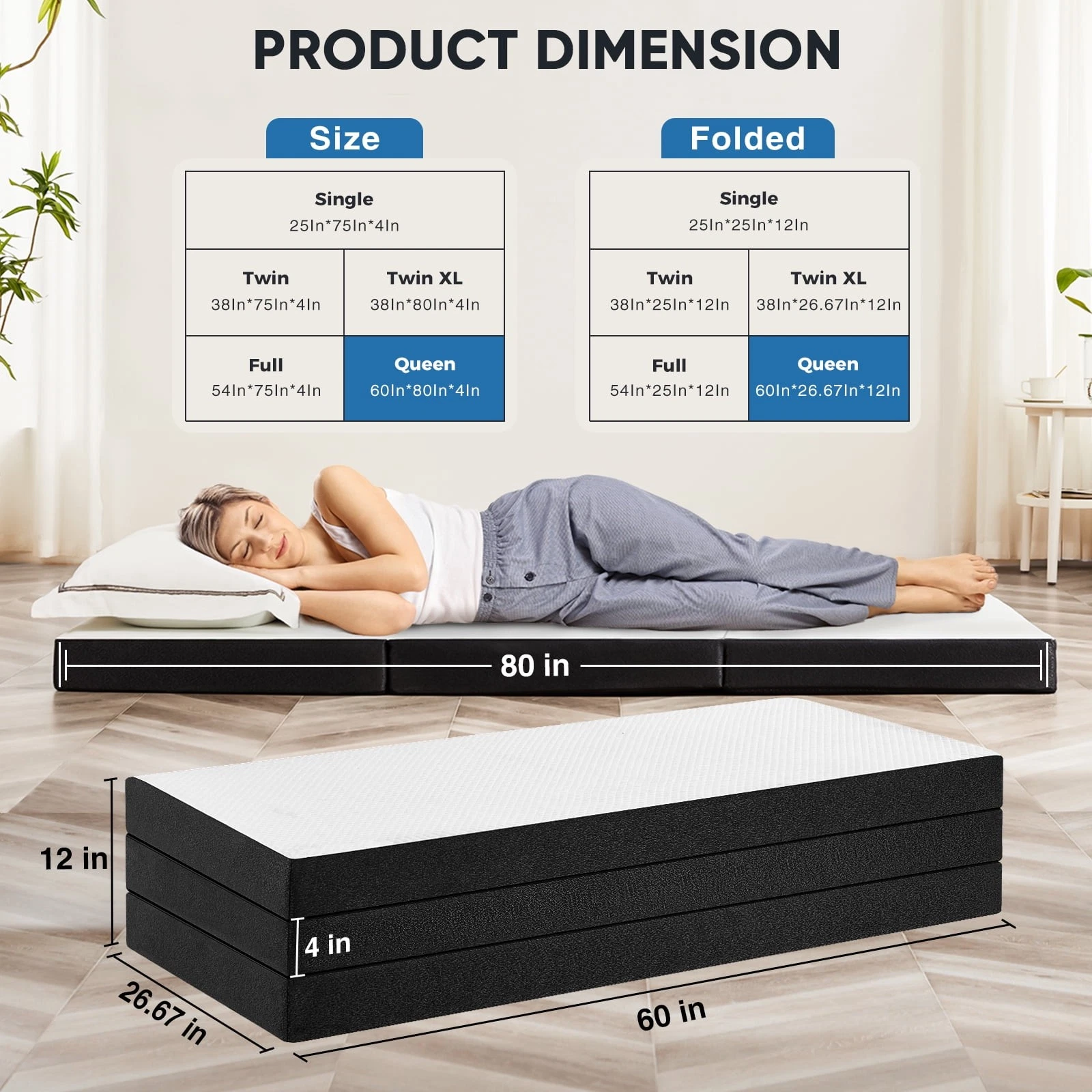 4" Queen Memory Foam Tri-Fold Mattress Portable Foldable Mattress Guest Beds