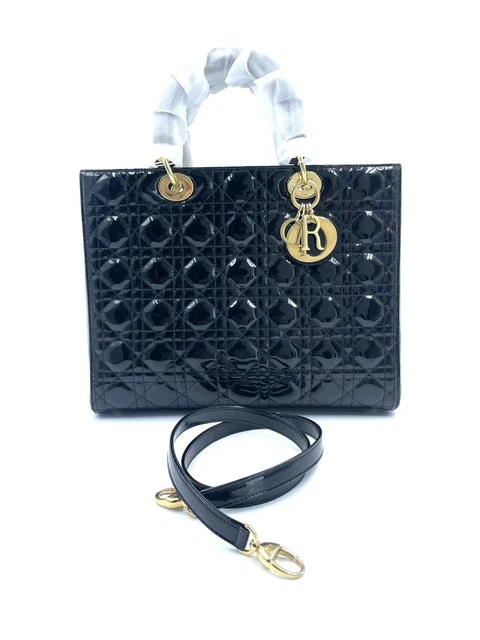 100607 Christian Dior Lady Dior Patent Leather Handbag Balck Shoulder Bag