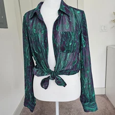 Guess  LA Women Button up Green Purple Watercolor Sheer Long Sleeve Medium Retro