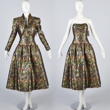 VTG 80s Victor Costa Gold Lam  Floral Brocade Tea Length Strapless Dress Set