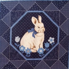  Vintage~Cranston~"Blue Bunny w/Bow" Flowers~ Cotton Fabric Panel~ 15"x14.75"