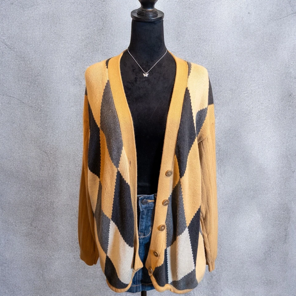 Cárdigan Suéter Grande Vintage Años 90 Lizsport Gris Tostado Argyle Tejido Algodón Foto 4 de 4