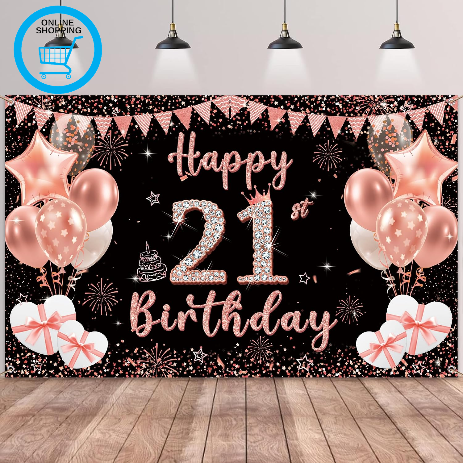 21St Birthday Decoration Backdrop Banner - Black Rose Gold Happy 21St Birthday B