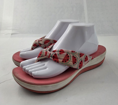 Clarks Cloudsteppers Flip Flop Sandals Womens 10 Pink Watermelon Print Comfort