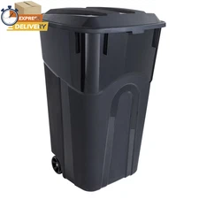 32 Gallon Wheeled Heavy Duty Plastic Garbage Can, Attached Lid, Black