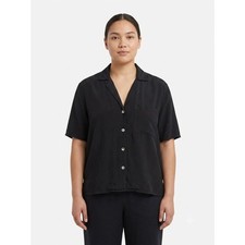 Luna Luz Button Up Shirt Top Womens M Black Cupro Short Sleeve Slit Hem USA Made
