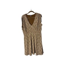 Old Navy Women's XL Brown White Leaf Print Smocked Waist V Neck Cap Sleeve Dress