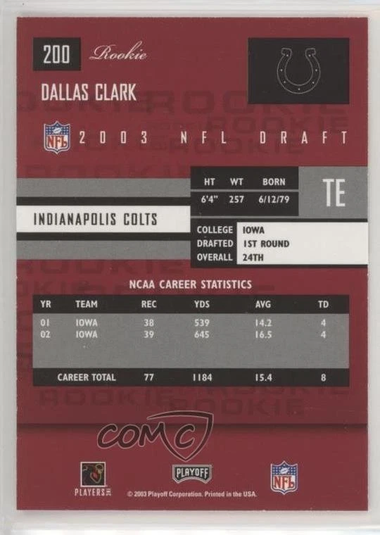 2003 Playoff Prestige Rookie Dallas Clark #200 Rookie RC - Image 2 of 2