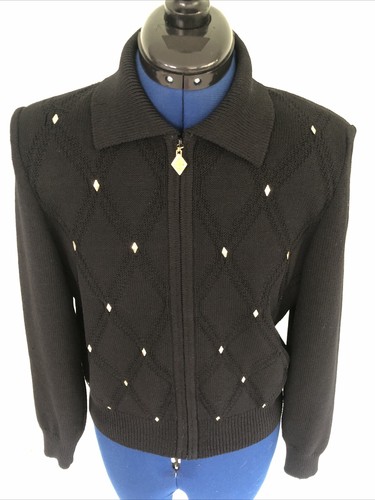 Maglione St John Sport Essentials maglia nero accenti oro giacca zip intera taglia P - Foto 3 di 11
