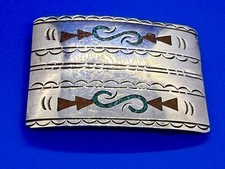 Native American Indian Tribal Art Pattern Turquoise Coral Chip Inlay Belt Buckle