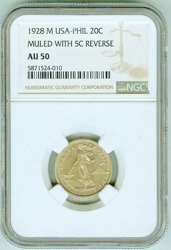 NGC AU 50 1928 M Philippines 20 Centavos Muled with 5 c Reverse