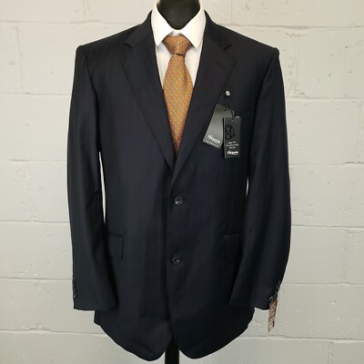 T.M.Lewin Blazer 43 REG Merino Wool 110 2 Button Pinstripe Navy Blue Mens Wool R
