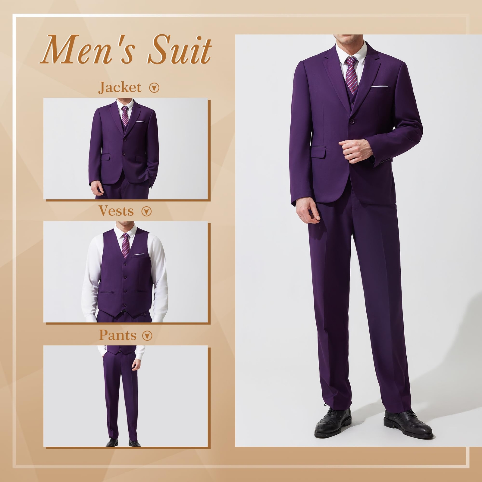 Slim Fit Dress Suit Blazer 3 Piece Jacket Vest Pants Tie, Purple, M | eBay