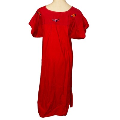 red fiesta dress Handmade Red Mexican Dress With Floral Embroidery - Boho Fiesta Style