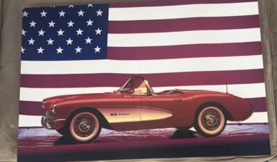 USA Flag 1957 Red Corvette Art Muscle Car Wood Art Framed Textured Picture Print