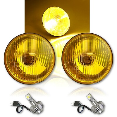 5-3/4'' Yellow Stock Headlight Amber Glass Fog Light 18/24w H4 LED Bulbs Pair