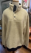 J Crew Sherpa Pullover SZ L Camel W/ Navy Trim Snap Closure Pockets
