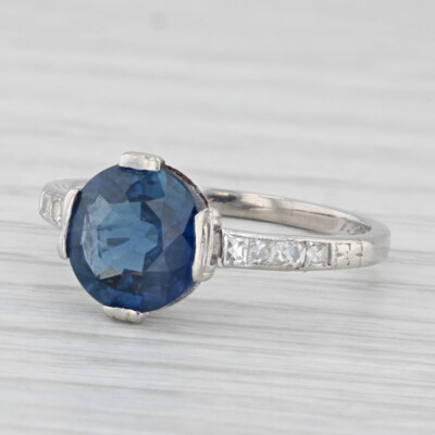 Round Blue Sapphire Diamond Ring Platinum Size GIA