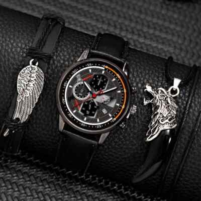 ARMBANDUHR STAHL ÖKO LEDER, ARMBAND, HALSKETTE, GESCHENKTÜTE SET