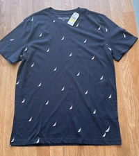 Nautica Men's T-Shirt Size Large Navy Blue All Over Logo Print Crew Neck NEW