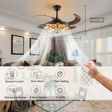42" Tiffany Retractable Ceiling Fan Light w/ Remote LED Dimmable Chandelier Lamp