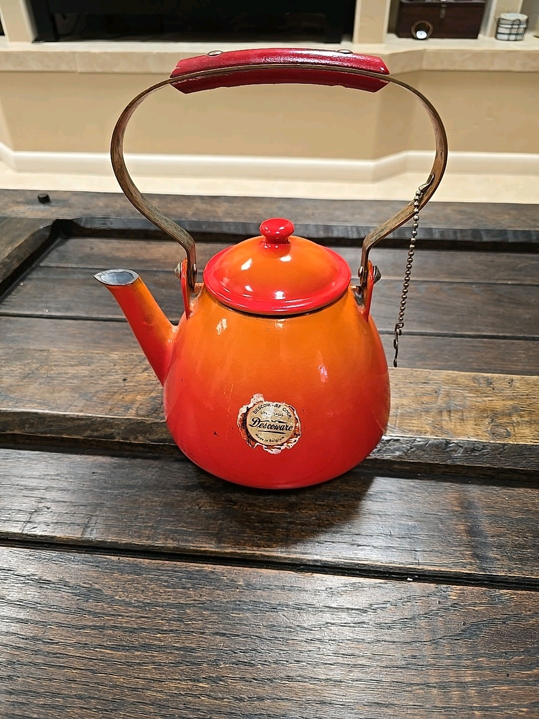 Vtg Descoware Kettle Teapot Flame Orange Enameled Cast Iron Copper MCM, ArtDeco
