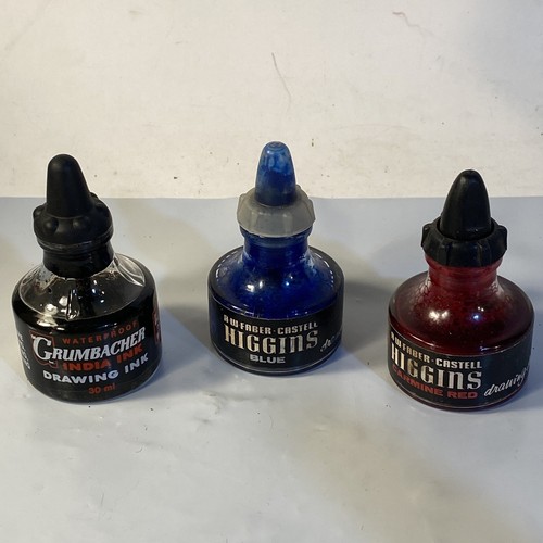 A.W. Faber~Castell Higgins & Grumbacher Ink 3 Bottles Black Blue & Red Vintage
