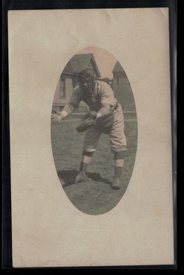 RPPC Postcard c1910 Baseball Catcher Oval Photo, Catchers Mitt, Face Mask