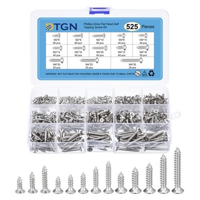 525Pcs Wood Screws Assortment Kit 13 Sizes Steel M2/M3/M4 Phillips Head