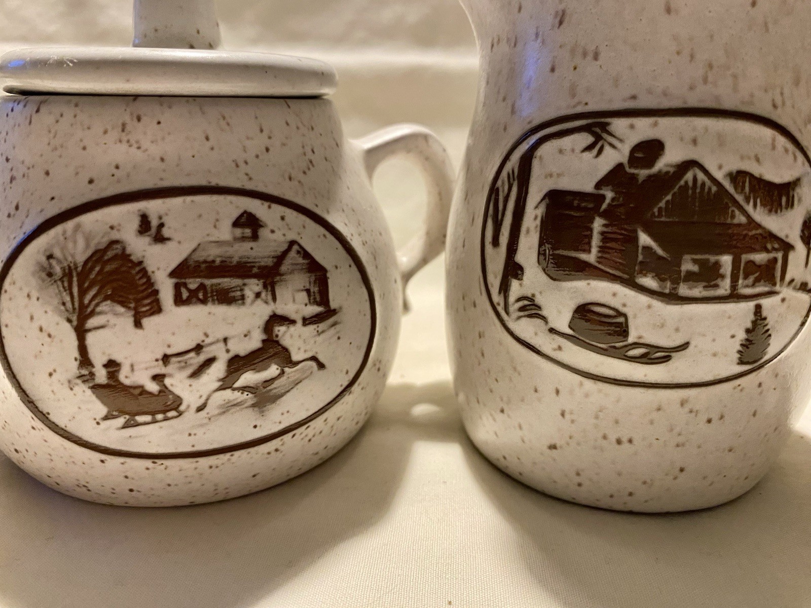 Vintage Onion River Company, Vermont Creamer and Sugar Crock Rustic Winter Scene