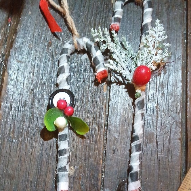 Handmade Rustic Striped Fabric Candy Cane Ornaments with Buttons Set of 2