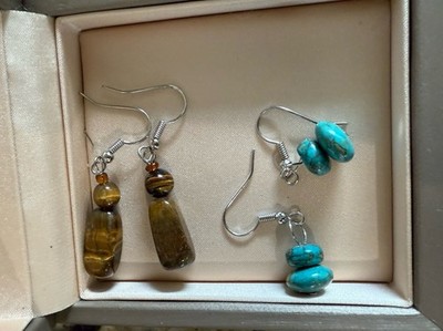 Earrings 2 Pairs Tiger Eye & Turquoise Pierced 