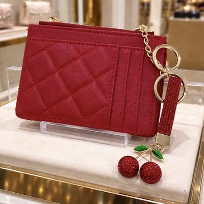 Red Quilted Card Holder Wallet w/ Cherry Rhinestone Keychain Zipper Coin